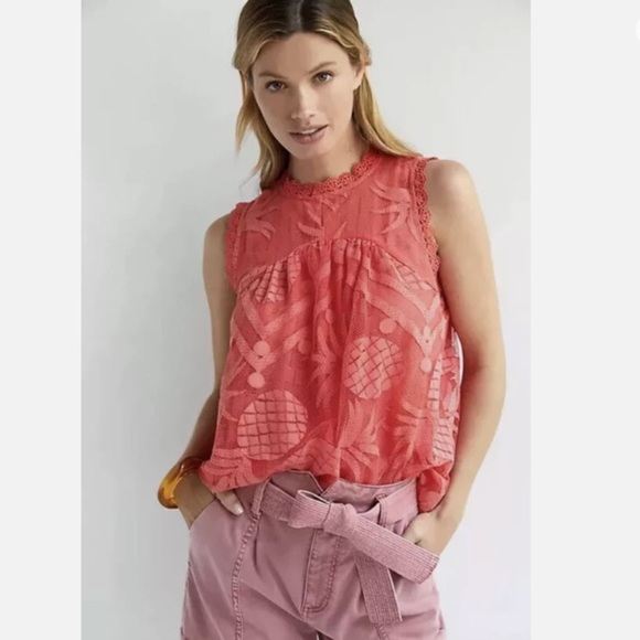 Maeve Tops - Maeve Coral Pink Sleeveless Lace Blouse